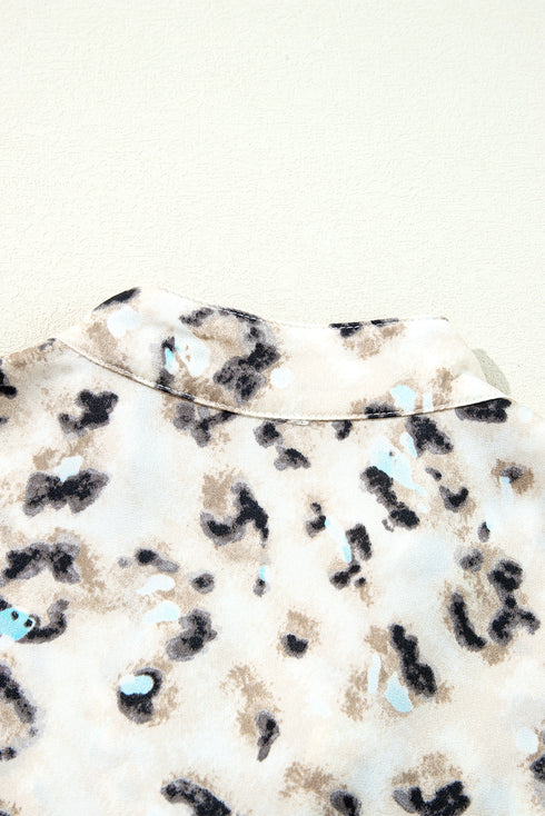 Leopard Print Buttoned Front 3/4 Sleeve Tiered Ruffled Hem Dress